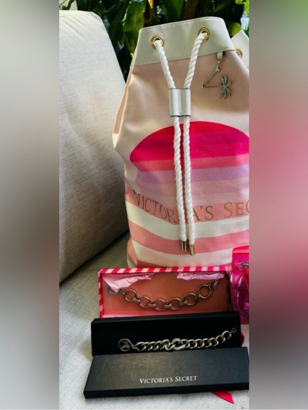 Victoria's Secret Ombre Stripe Backpack, 2 Bracelets And Leopard Slippers Bundle